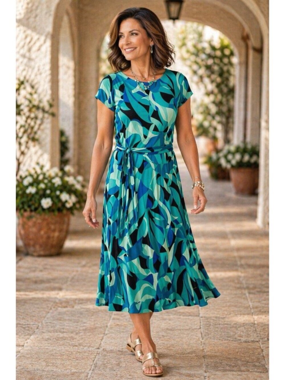 Chicos Travelers Leafy Oasis Dress Sz 4 XXL Harbour Green Midi Slinky Knit $139